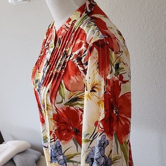 Tommy Bahama Floral 3/4 Long Sleeve Silk Cotton Blend Blouse - Picture 15 of 16